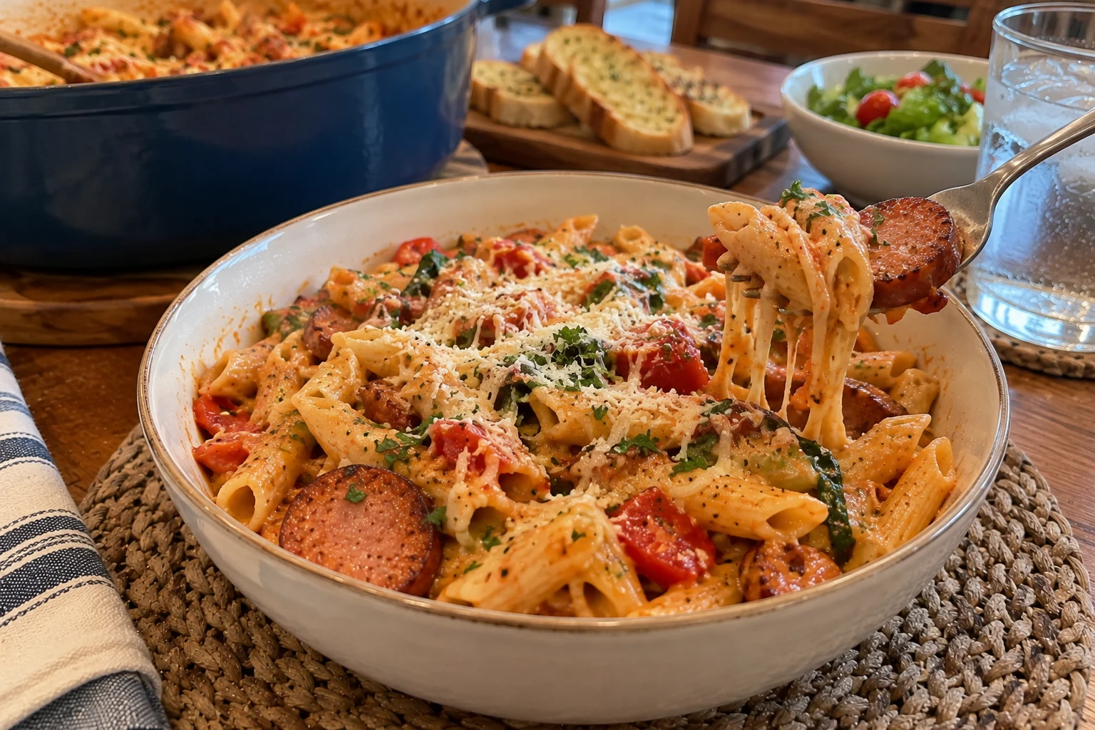 Bowl of one pot kielbasa pasta ready to serve
