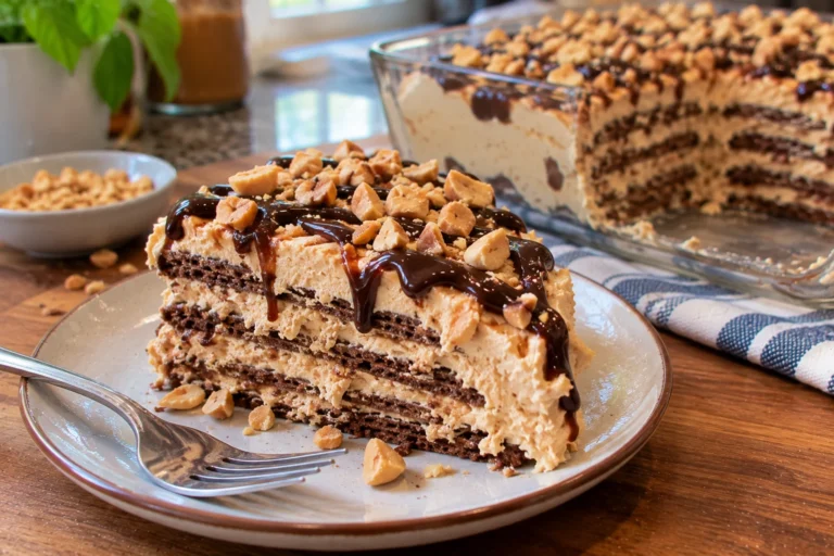 A slice of peanut butter ice box cake with chocolate drizzle
