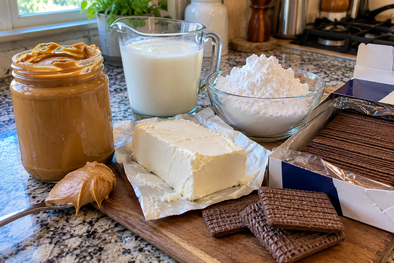 Ingredients for peanut butter ice box cake laid out on a kitchen counter