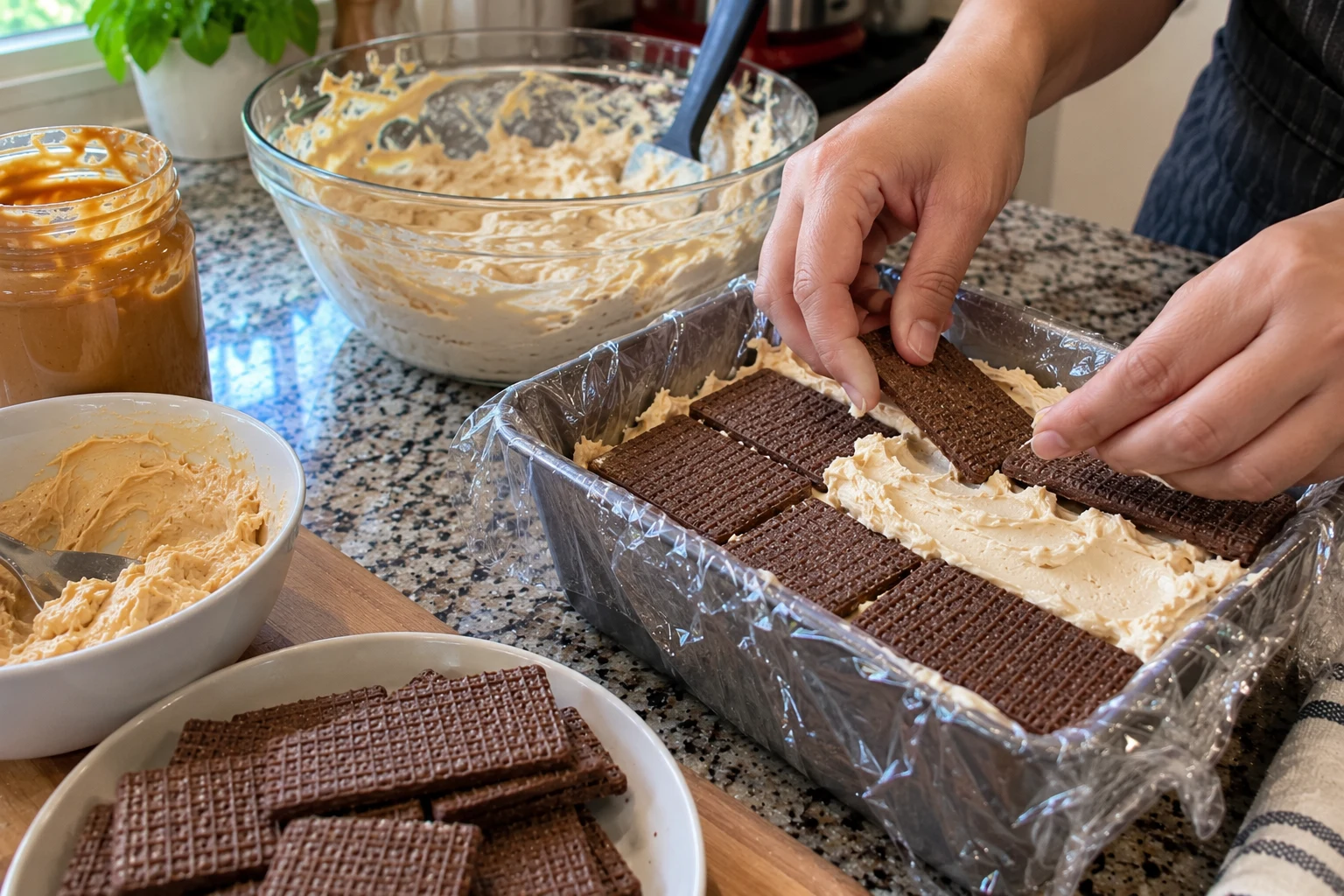 Layering peanut butter cream and chocolate wafers in a loaf pan