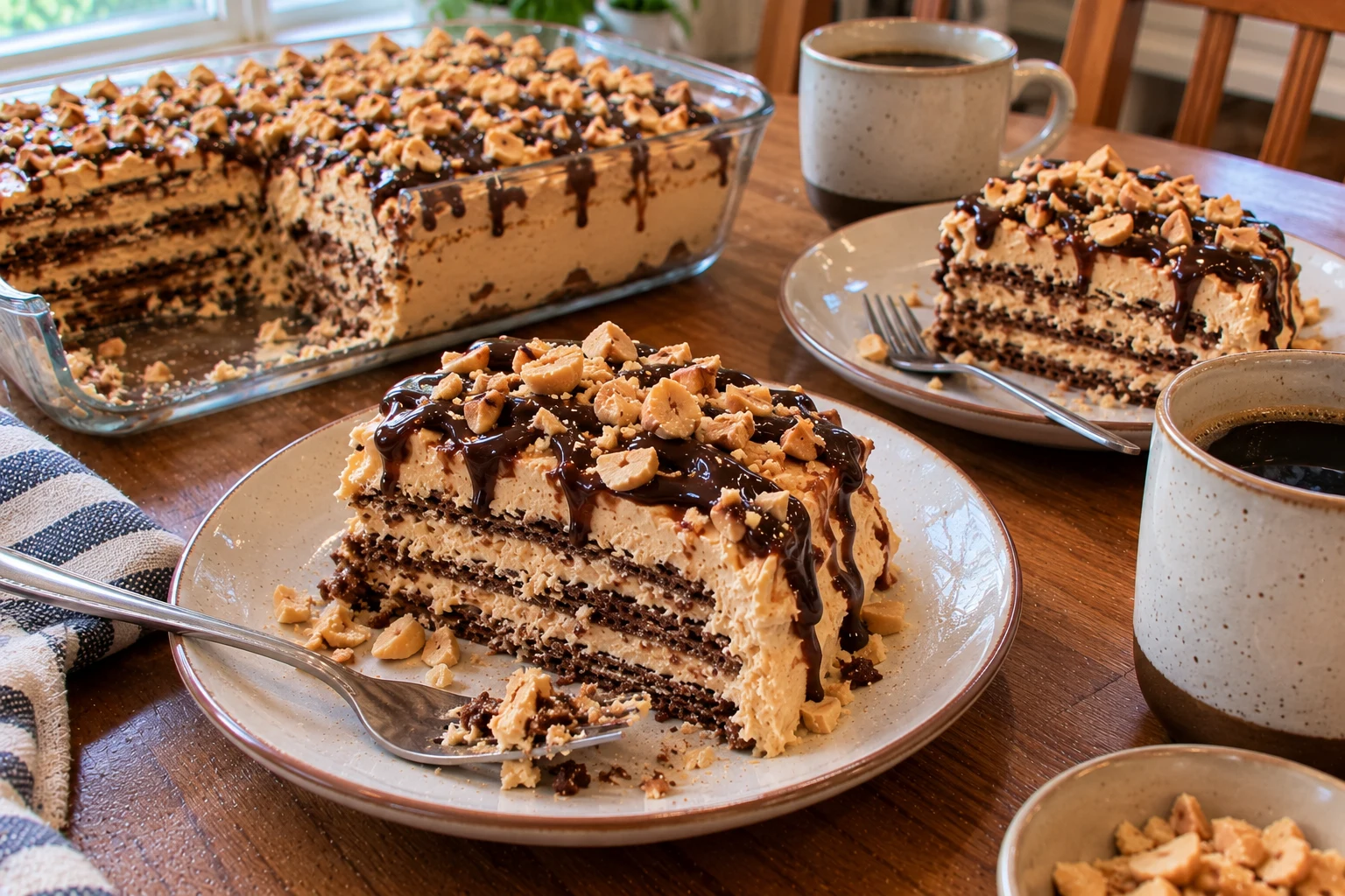 Peanut butter ice box cake served on plates with coffee