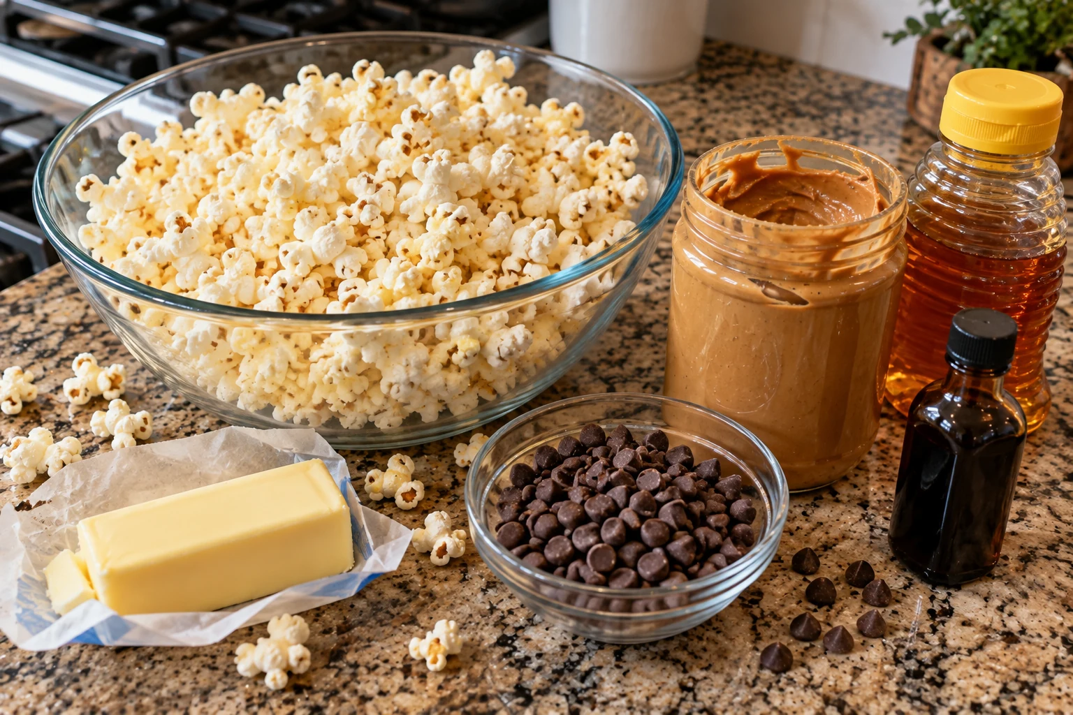Ingredients for peanut butter popcorn balls: popcorn, peanut butter, honey, brown sugar, mini marshmallows and chocolate chips