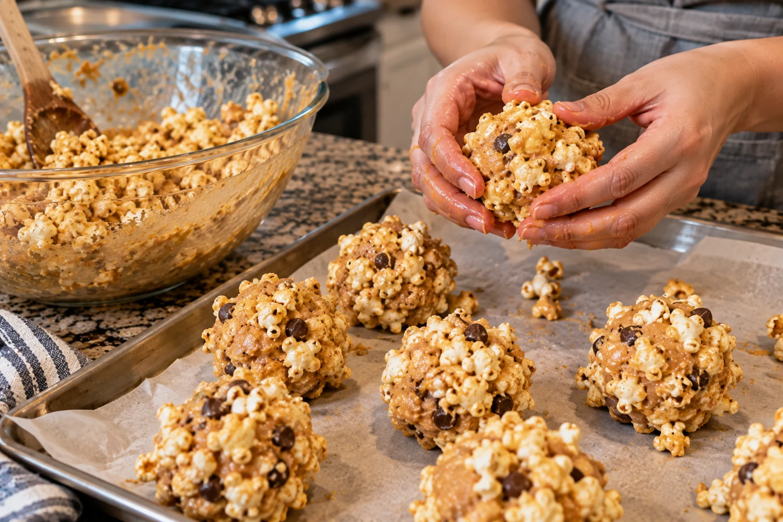 Hands shaping warm peanut butter popcorn mixture into balls