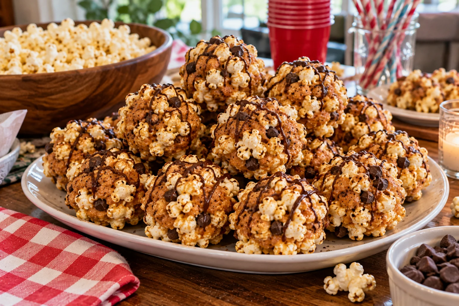 Peanut butter popcorn balls served on a platter at a party with a bite taken out of one