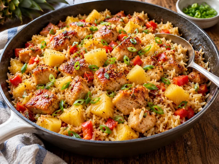 Skillet of pineapple chicken and rice topped with green onions