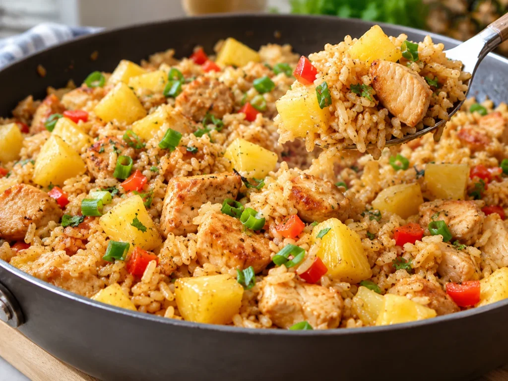 Fork lifting fluffy pineapple chicken and rice from the skillet