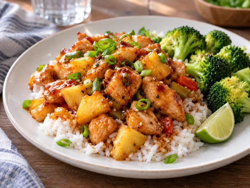 Plate of pineapple chicken and rice served with broccoli and lime