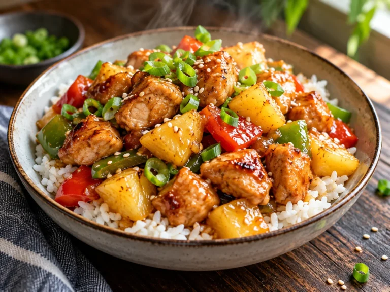 A bowl of Pineapple Chicken and Rice with visible golden chicken and pineapple chunks.