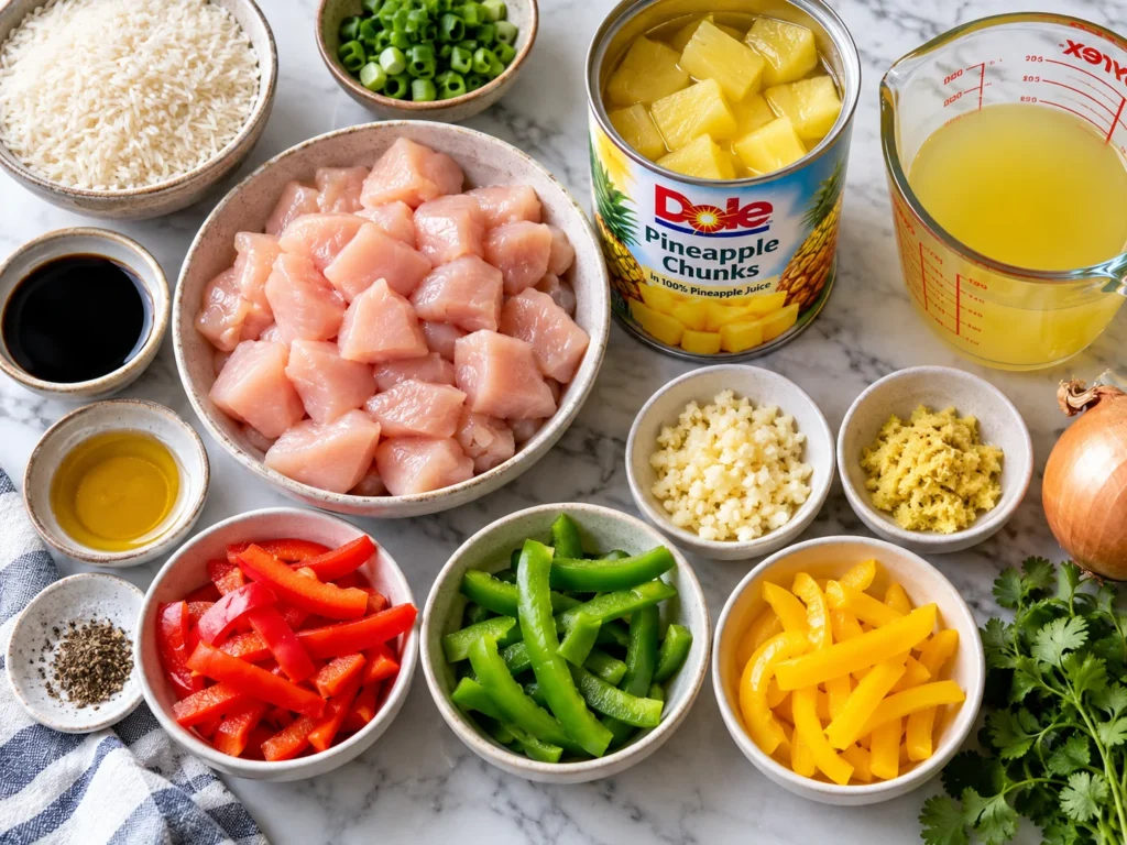 Ingredients for Pineapple Chicken and Rice including raw chicken, pineapple, peppers, garlic, and ginger.