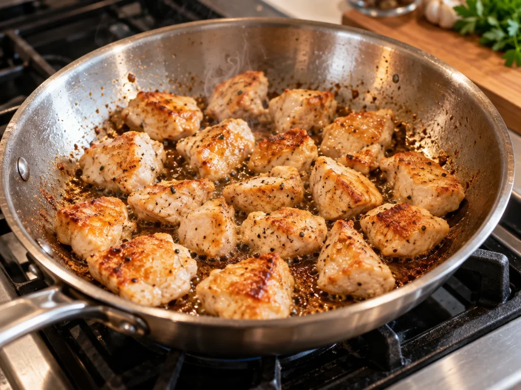 Chicken pieces searing in a hot pan with a golden brown crust.