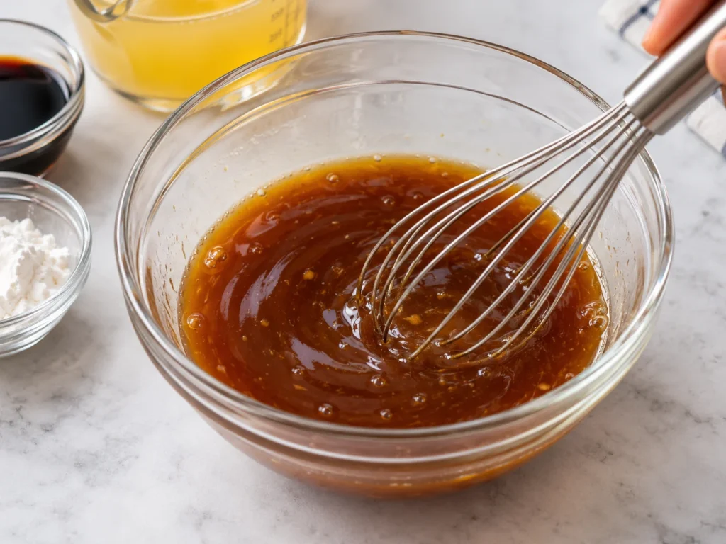Whisking soy sauce, pineapple juice, and cornstarch in a glass bowl.