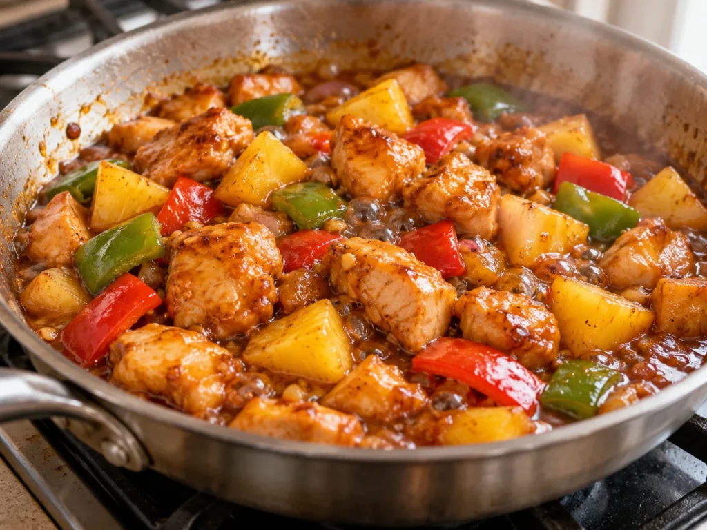 Simmering Pineapple Chicken and sauce in a pan with a glossy coating.