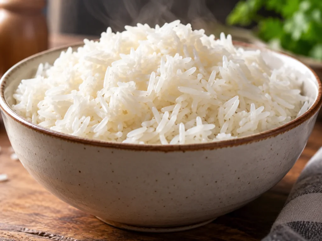 Close-up of fluffy white rice served in a bowl.