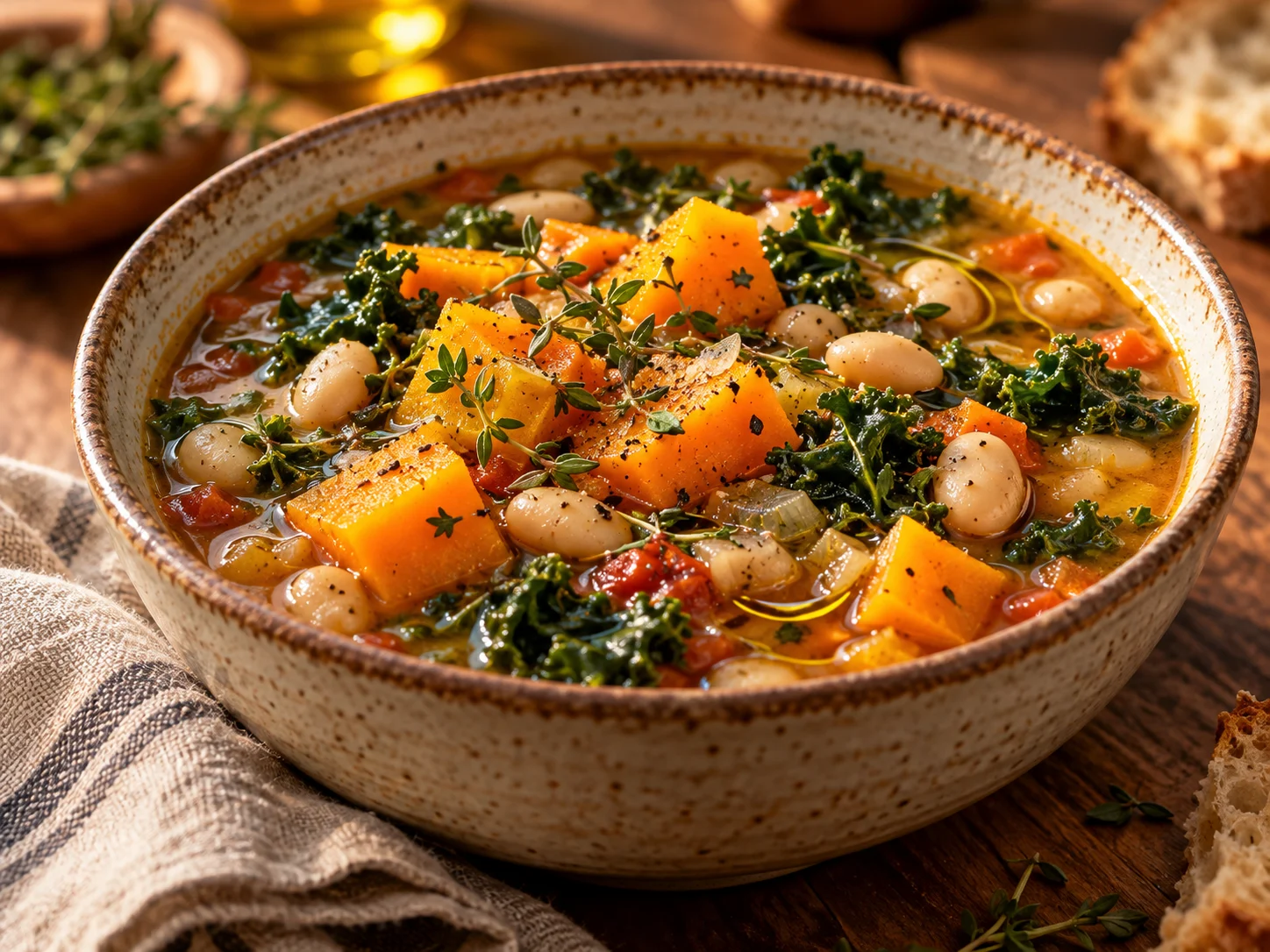 A steaming bowl of Slow Cooker Fall Harvest Soup on a wooden table.