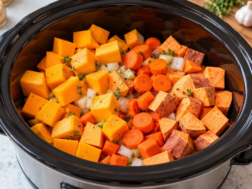 Vegetables layered in the slow cooker.