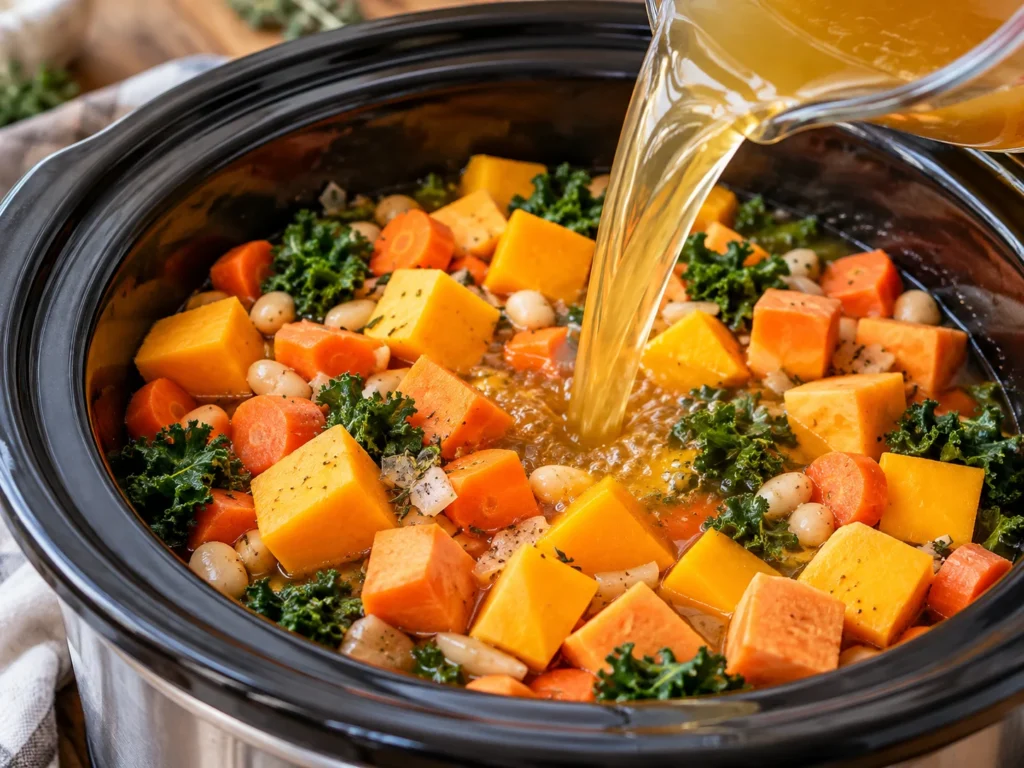 Pouring broth into the slow cooker.