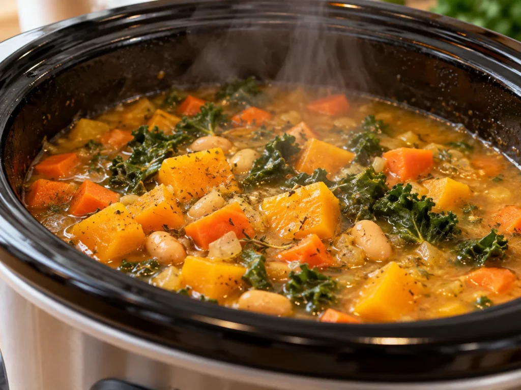 Vegetables simmering in the slow cooker.