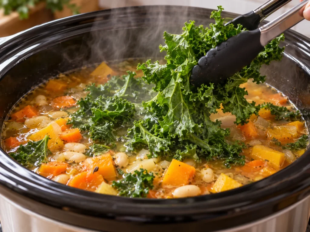 Adding fresh kale to the soup.
