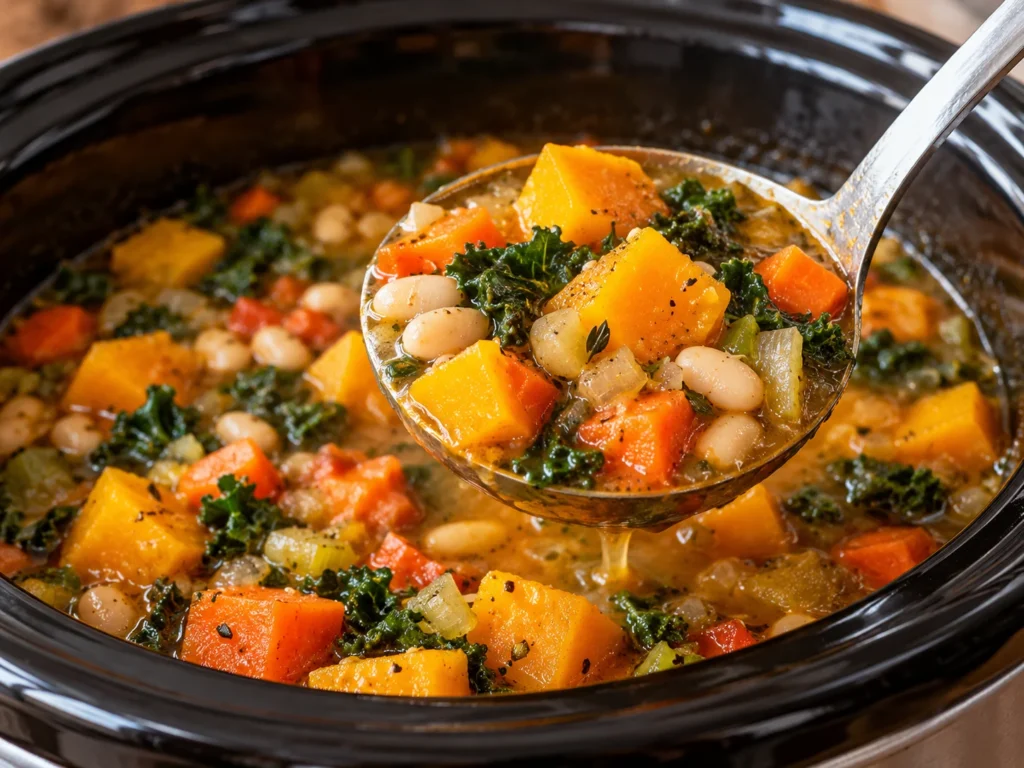 Ladle full of finished Slow Cooker Fall Harvest Soup.
