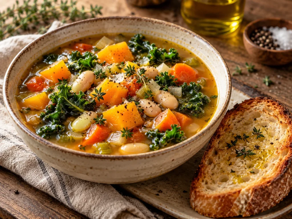 Plated soup with crusty bread.
