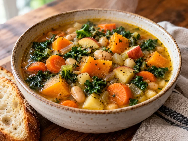 Bowl of slow cooker fall harvest soup with butternut squash, carrots, apple, white beans, and kale