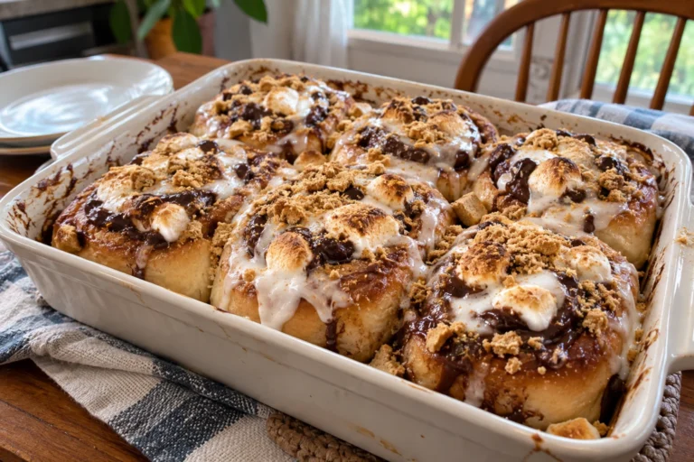 Smores Rolls in a ceramic baking dish with melted chocolate, toasted marshmallow and graham crumbs