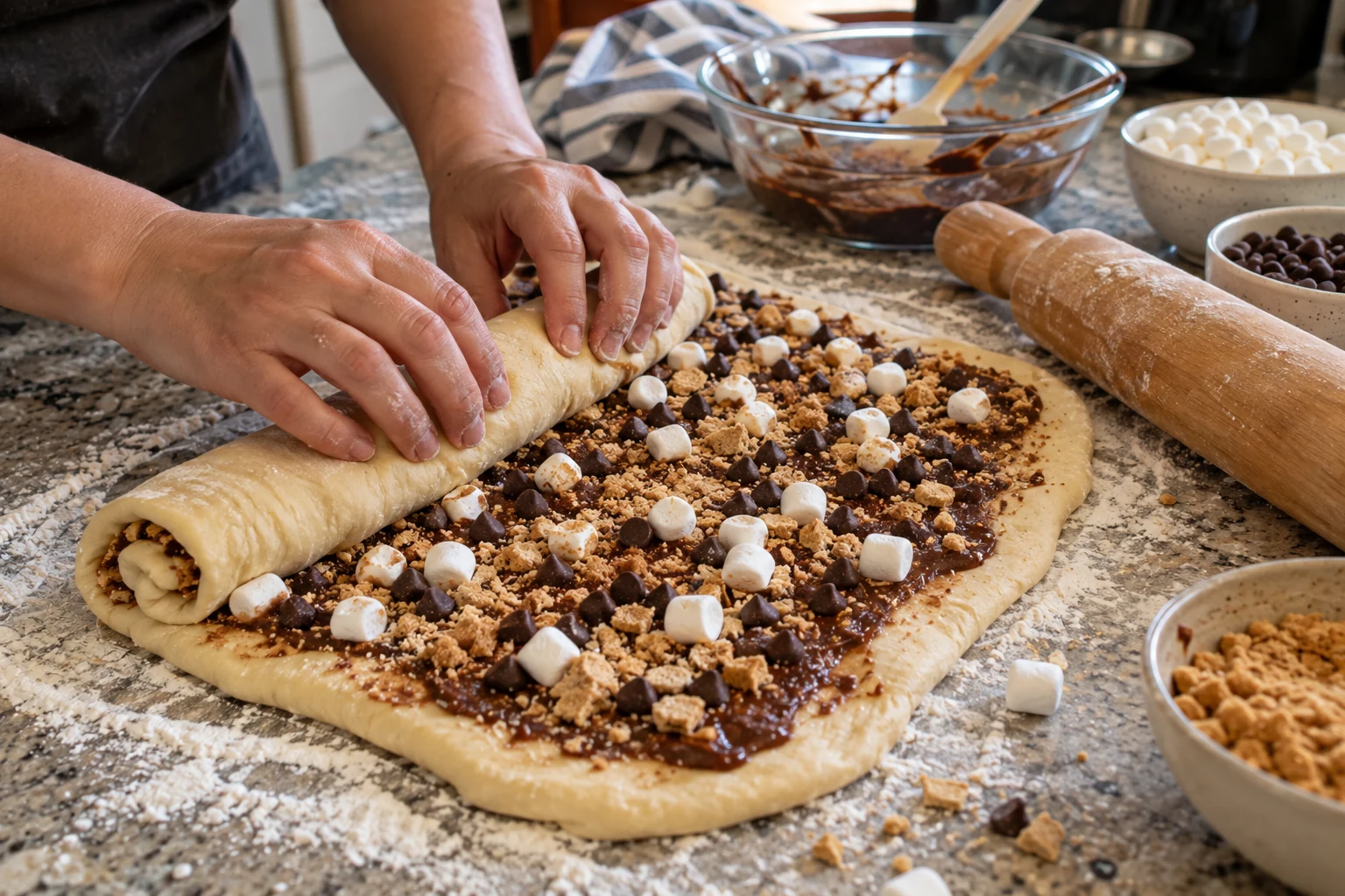 Rolling up the Smores Rolls dough with chocolate graham filling