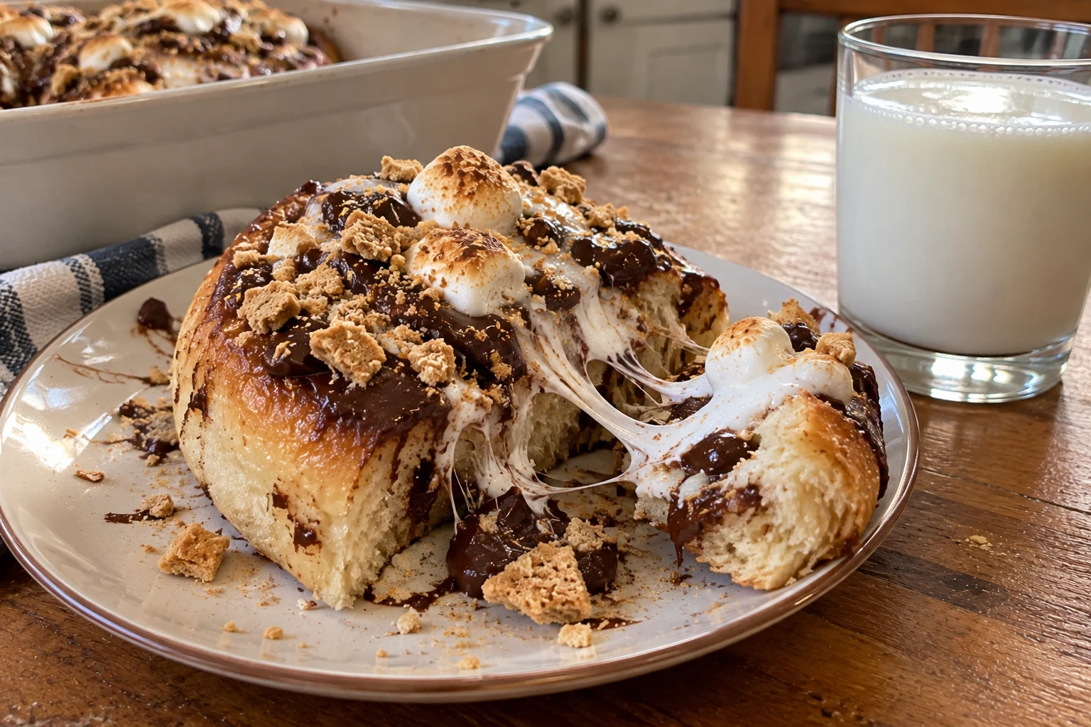 Smores Roll pulled apart with gooey chocolate and marshmallow, served with a glass of milk