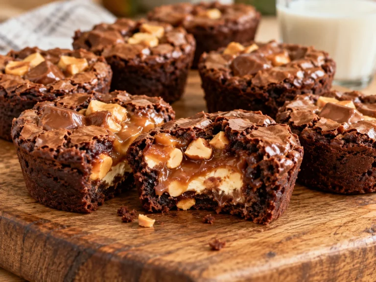 Snickers brownie bites on a wooden board with one broken open to show a gooey caramel and peanut center