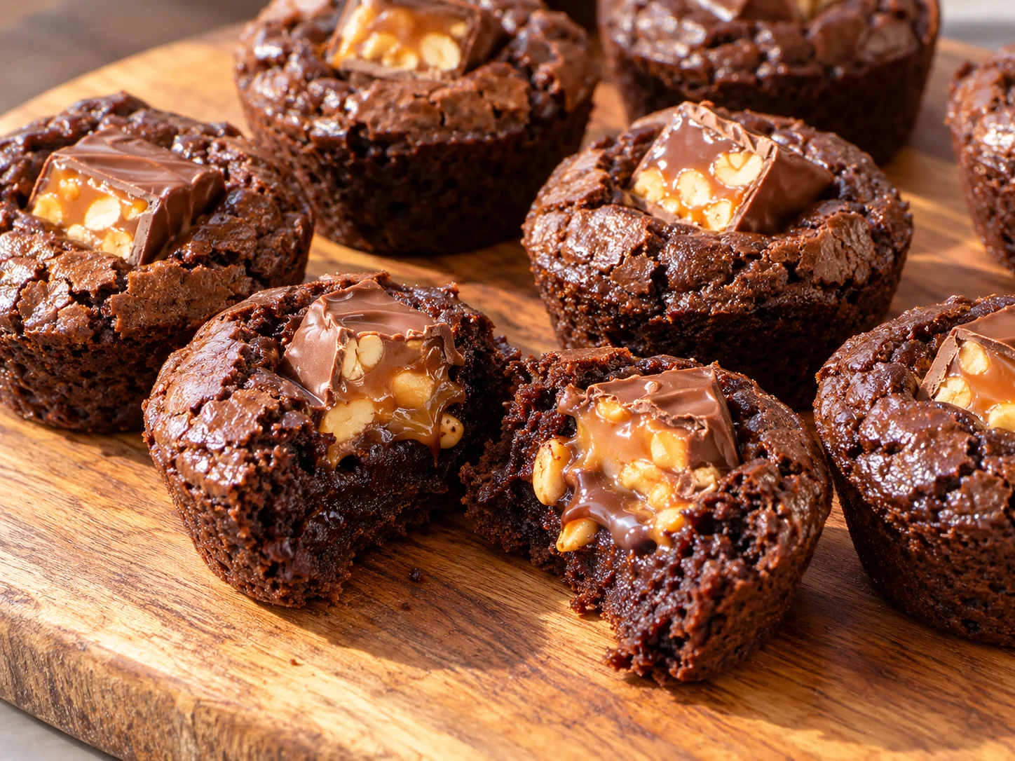 A close-up of Snickers Brownie Bites with a cross-section revealing the caramel and chocolate center.