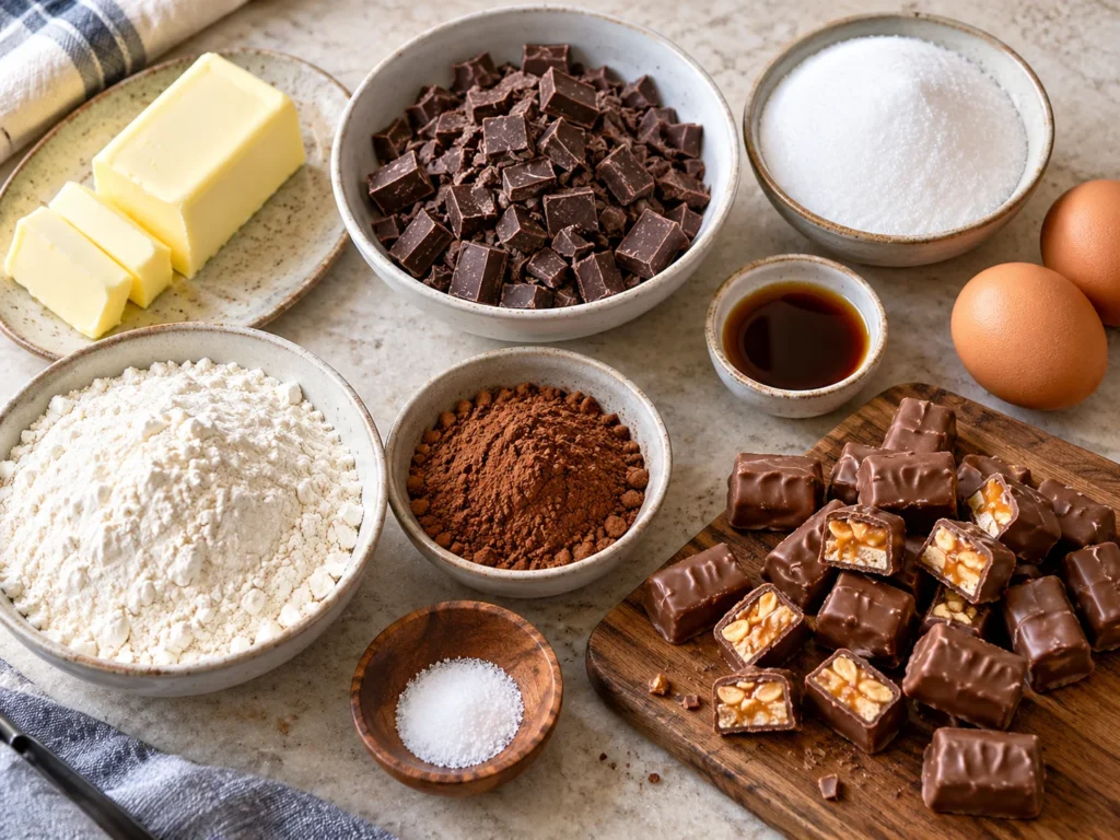 Ingredients for Snickers brownie bites laid out on a kitchen counter