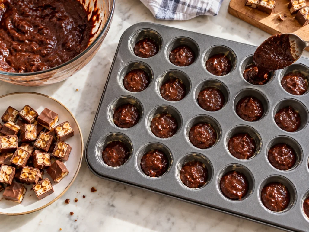 Preparing the batter in a mini-muffin tin for Snickers Brownie Bites.