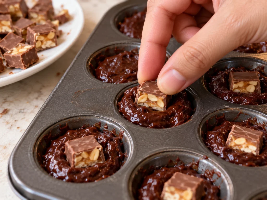 Pressing Snickers candy into the brownie batter.