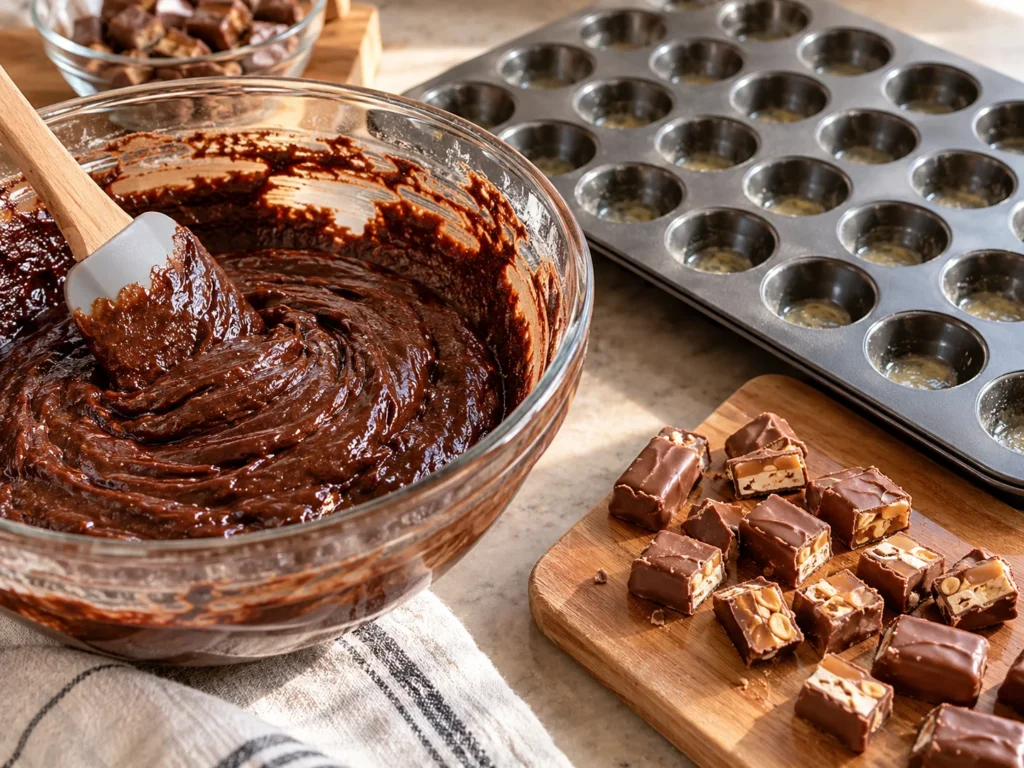 Glossy brownie batter in a bowl next to a greased mini muffin pan and mini Snickers bars