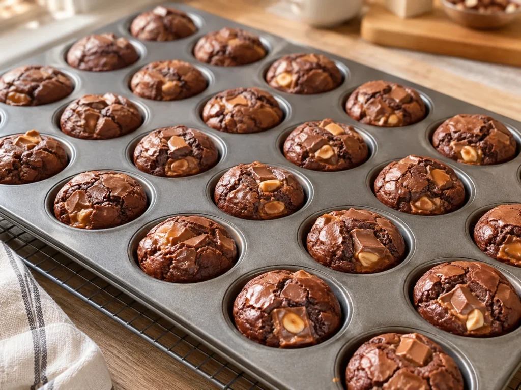 Baked Snickers brownie bites in a mini muffin pan with set edges and crackled tops