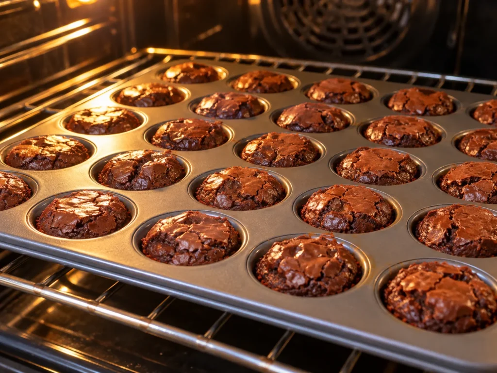 Snickers Brownie Bites baking in the oven.