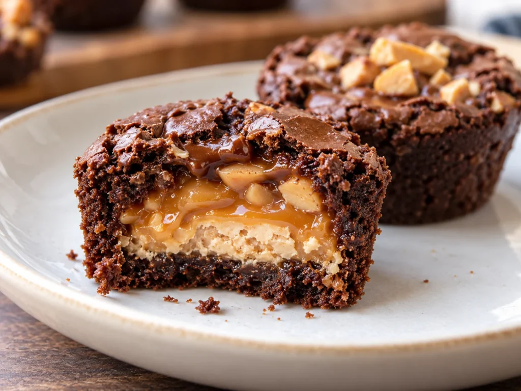 Cross-section of a Snickers brownie bite showing the caramel and peanut center
