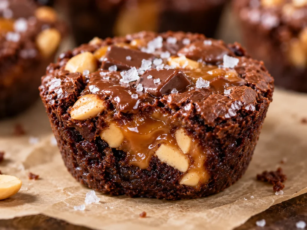 A close-up of a finished Snickers Brownie Bite sprinkled with sea salt.