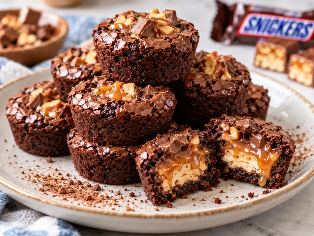 A stack of Snickers Brownie Bites with one sliced open to show the inside.