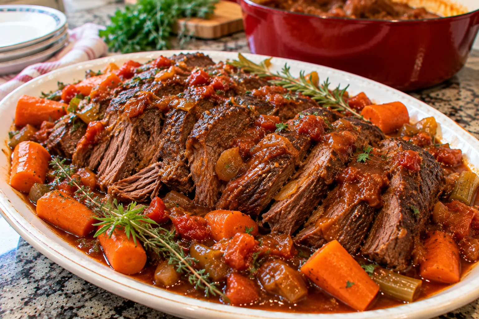Fork-tender stracotto Italian braised beef in rich tomato wine sauce