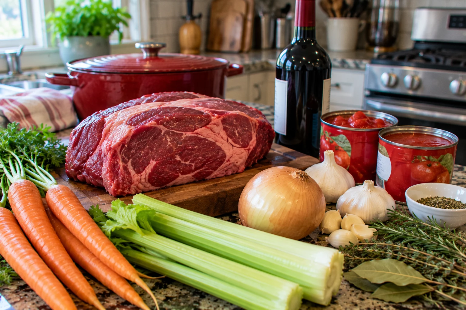 Ingredients for stracotto Italian braised beef laid out on a kitchen counter