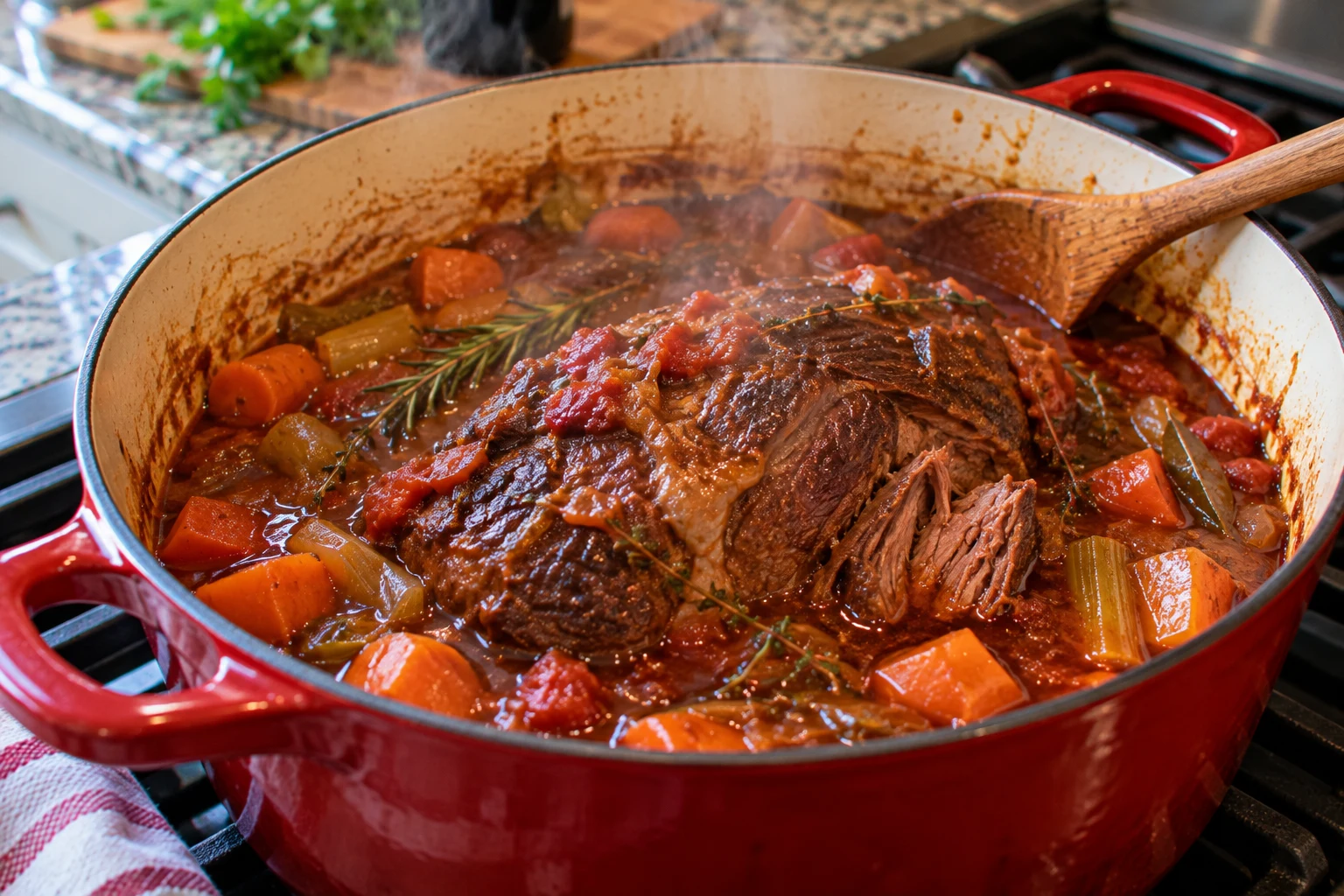 Searing a chuck roast in a Dutch oven before braising