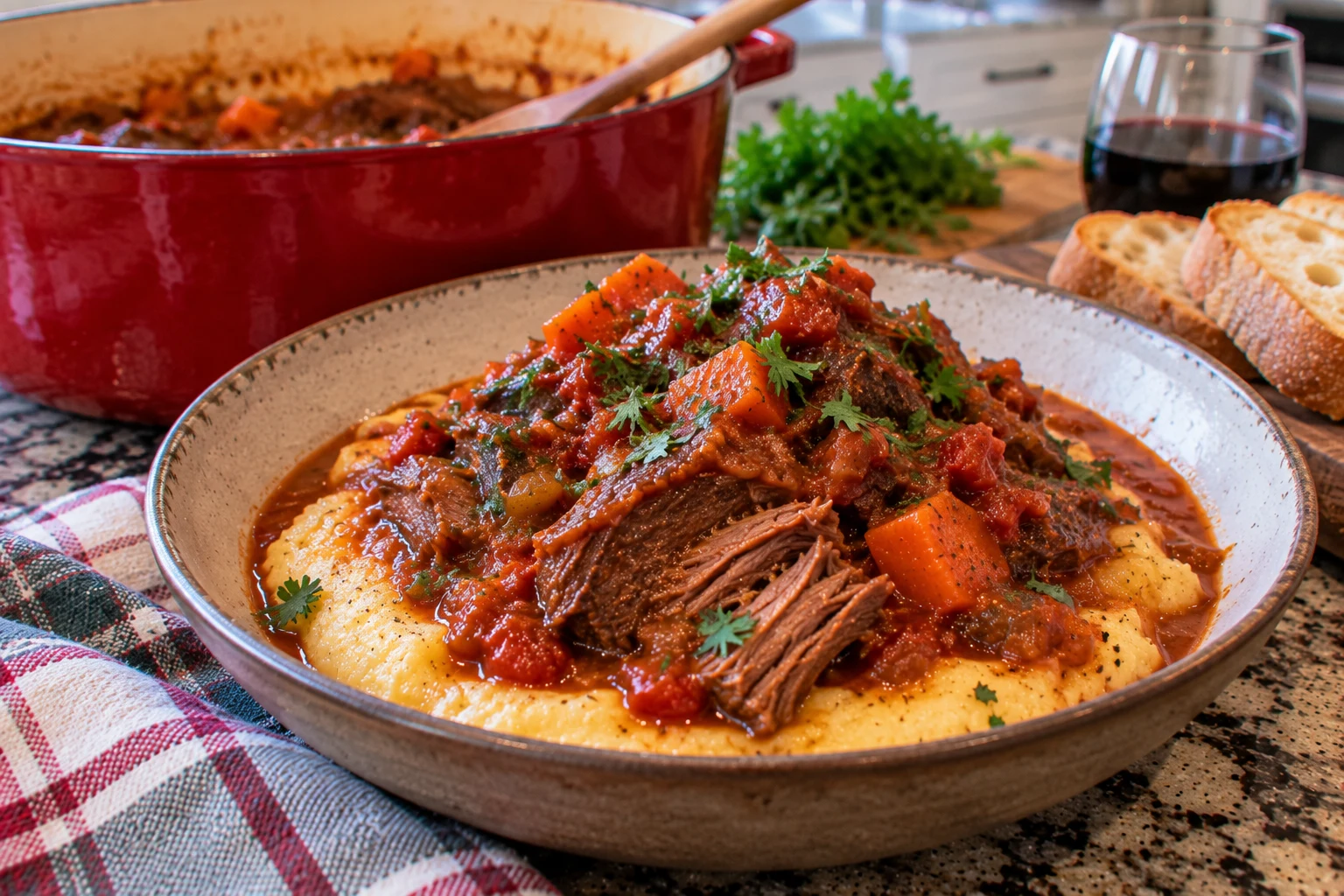 Stracotto served over creamy polenta with sauce and parsley