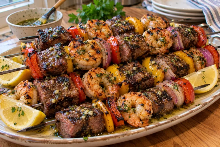 Grilled surf and turf kebabs with steak, shrimp and peppers