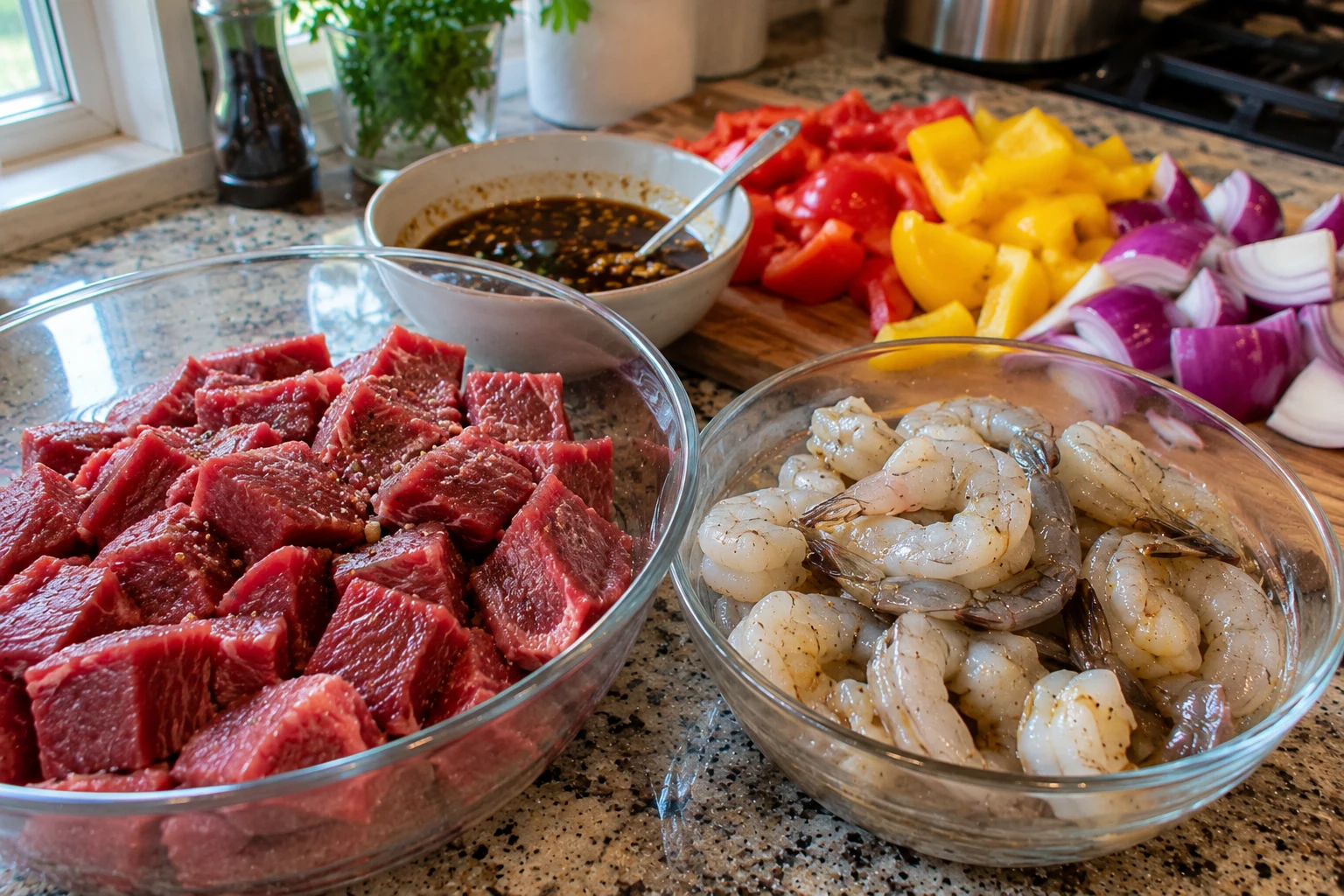 Ingredients for surf and turf kebabs laid out on a kitchen counter