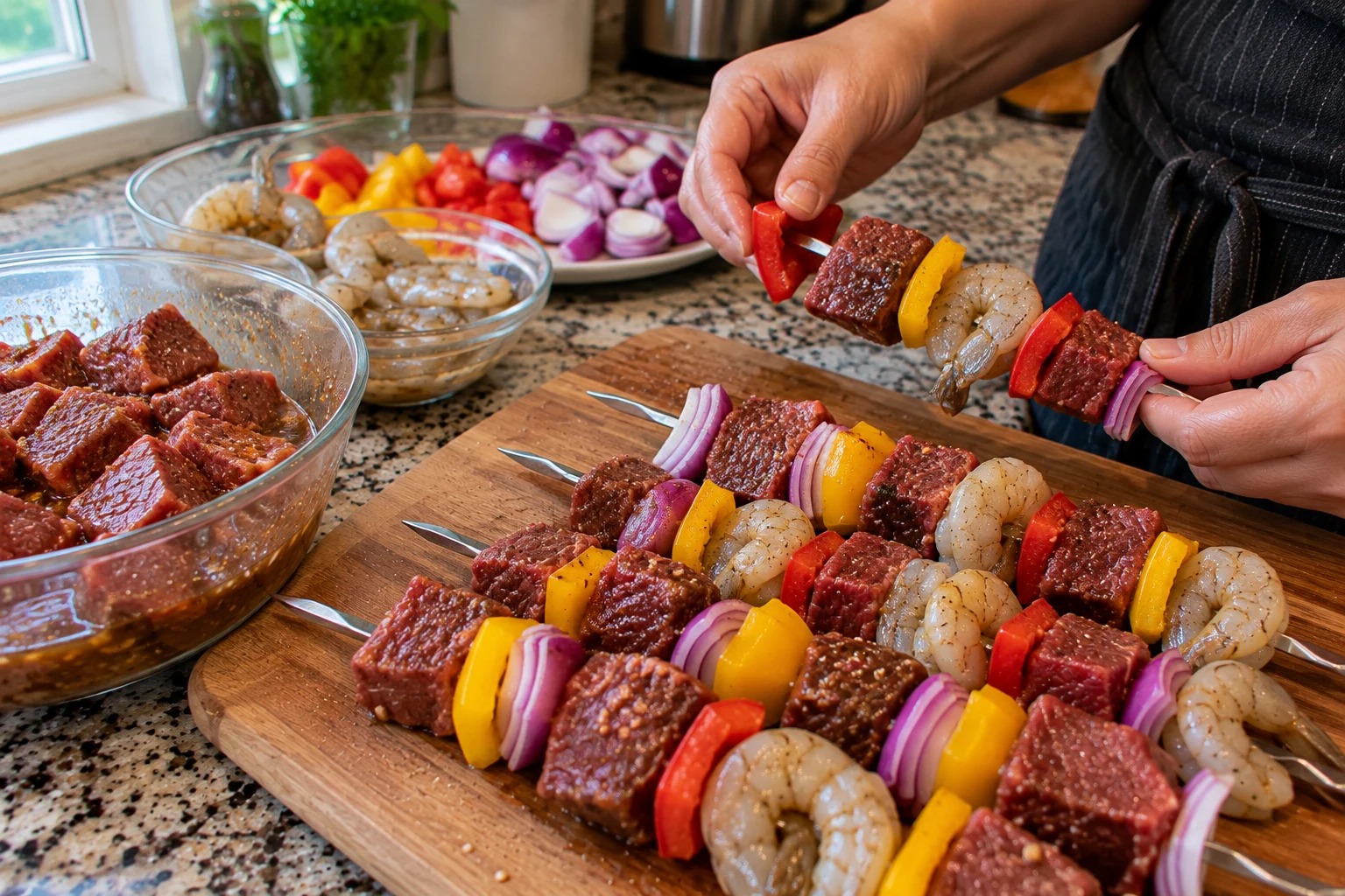 Threading beef, shrimp, peppers and onion onto skewers
