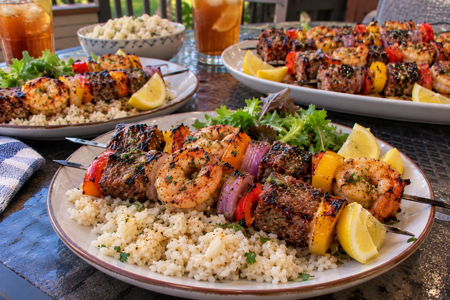 Surf and turf kebabs served over rice with lemon wedges