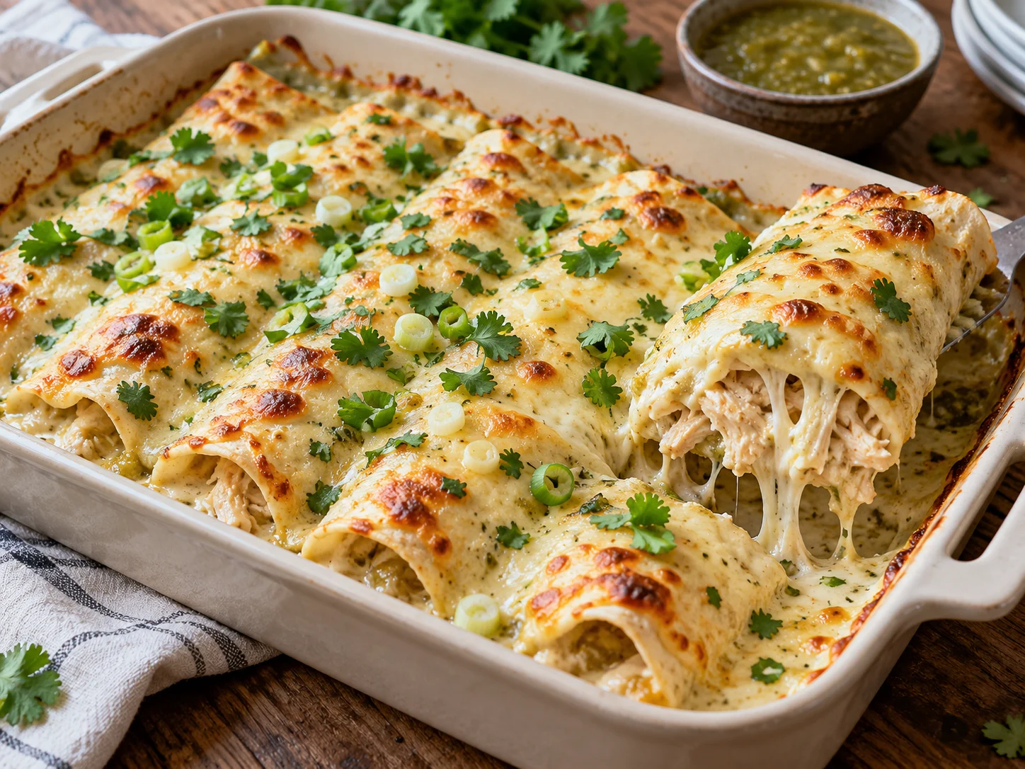 Baked white chicken creamy enchiladas in a dish topped with melted cheese and cilantro