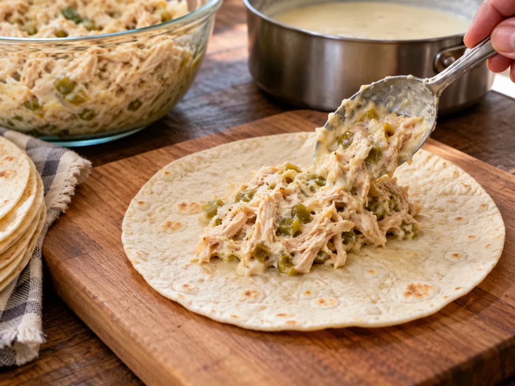 Spooning chicken and green chile filling onto a flour tortilla