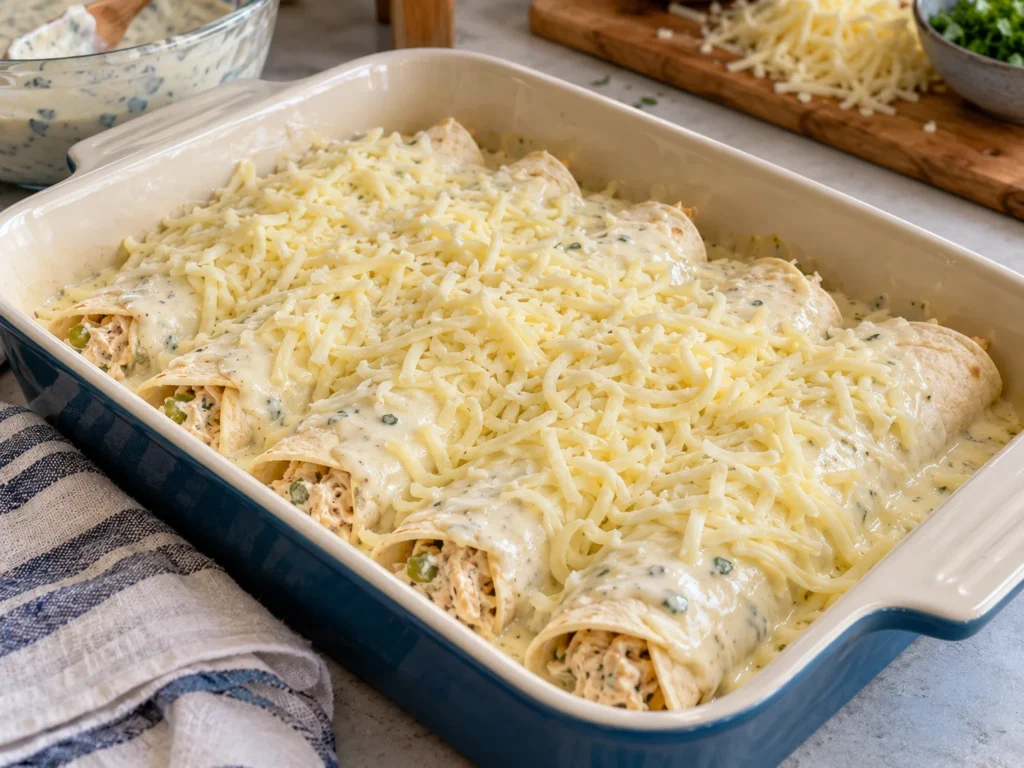 Assembled enchiladas topped with white sauce and cheese before baking